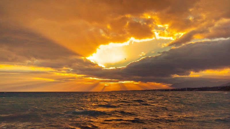sunset, sun, horizon, waves, sky, 4k
