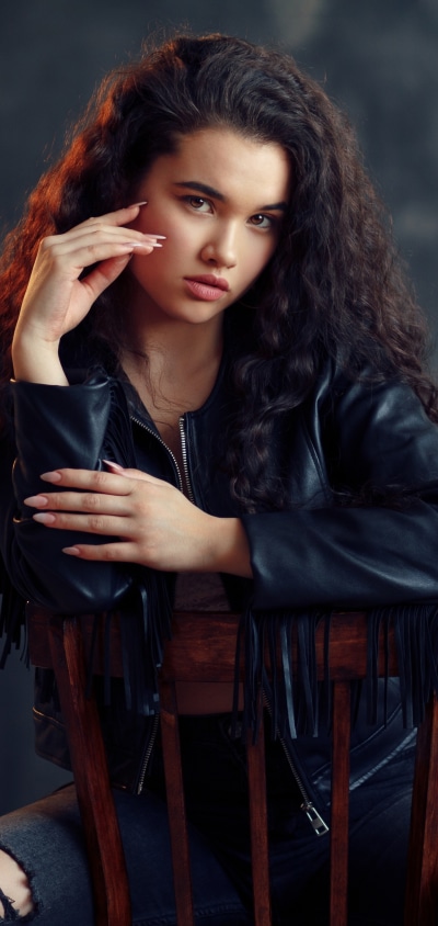 Women Model, Black Hair, Leather Jacket, 1440x3040
