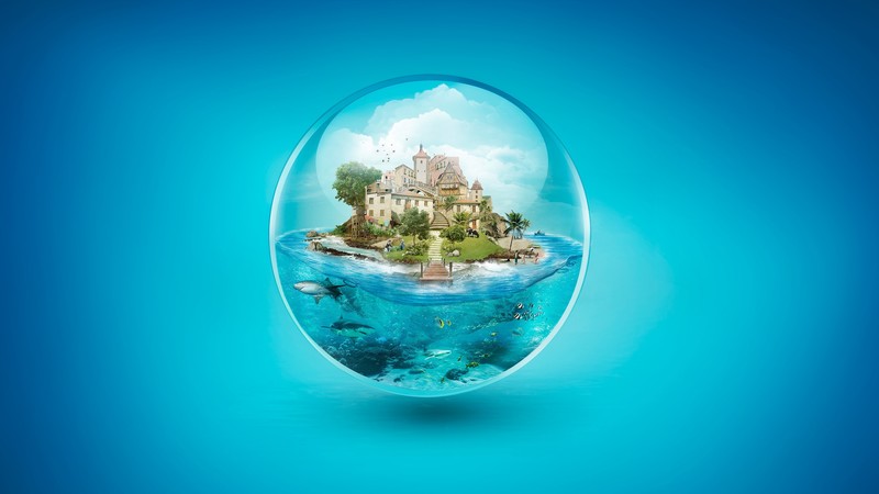 ball, house, underwater, shark, 4k