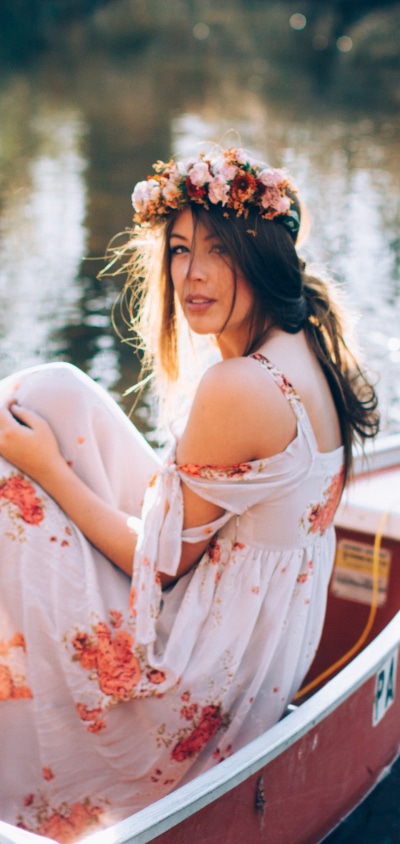 Women Model, Brunette, White Dress, Wreath, 1440x3040
