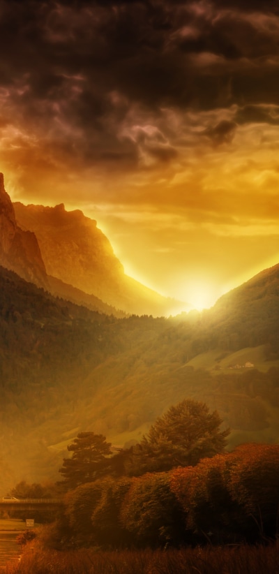 Earth Sunset, Switzerland, Sunbeam, Evening, Valley, 1440x2960