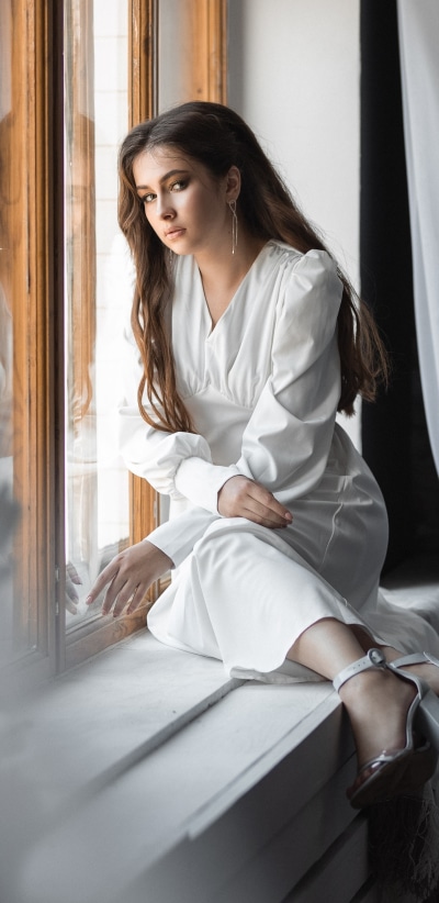 Women Model, Brunette, Long Hair, White Dress, 1440x2960
