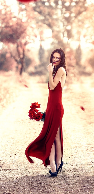 Women Model, Red Dress, Brunette, Red Flower, Outdoor, 1440x2960