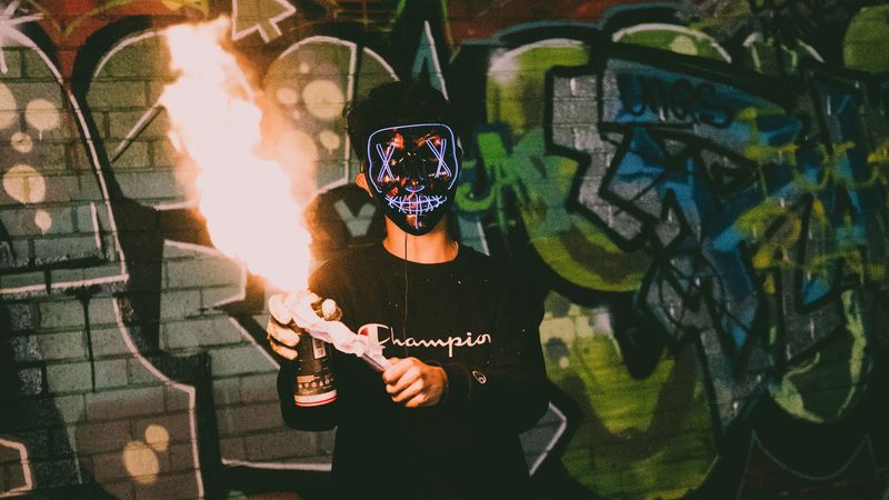 mask, neon, fire, graffiti, 4k