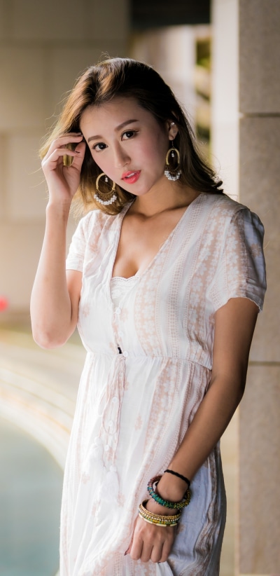 Women Model, Earrings, Asian, Brunette, White Dress, 1440x2960