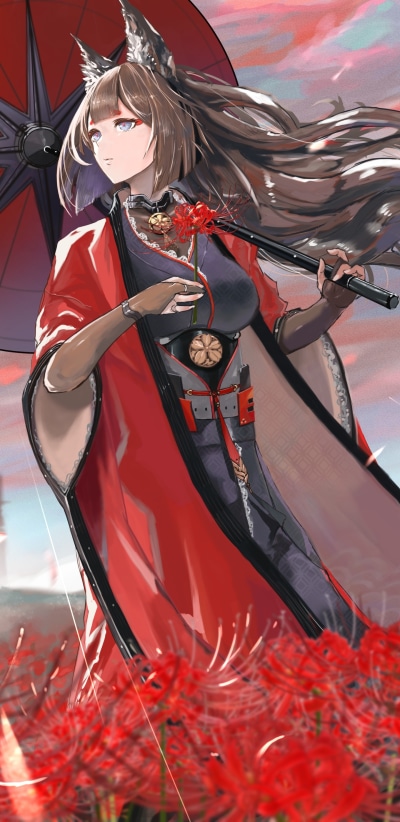 Anime Azur Lane, Animal Ears, Flower, Blue Eyes, Kimono, Amagi (Azur Lane), 1440x2960