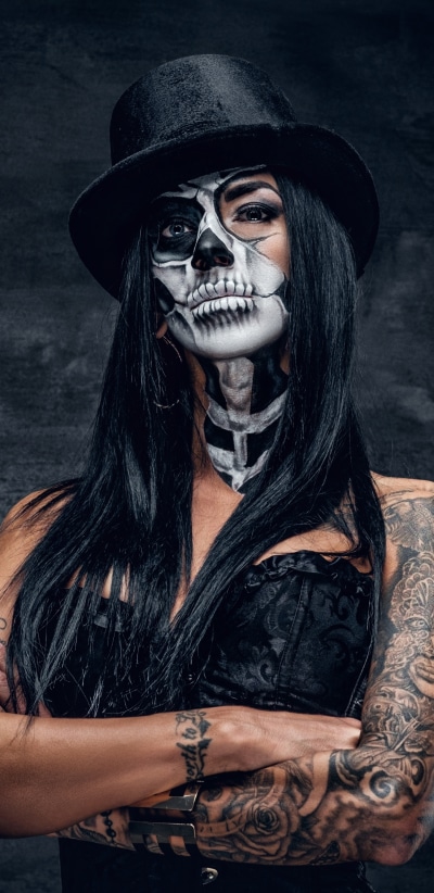 Women Tattoo, Hat, Blue Eyes, Sugar Skull, Black Hair, 1440x2960