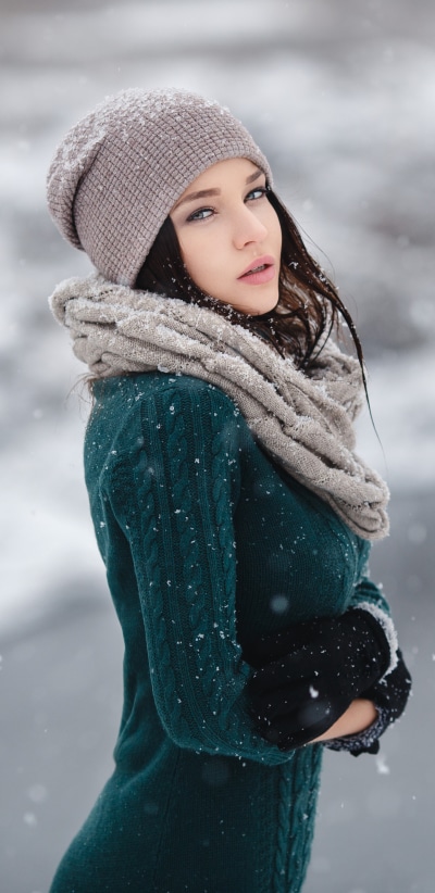 Women Angelina Petrova, Model, Scarf, Winter, Snowfall, Hat, 1440x2960