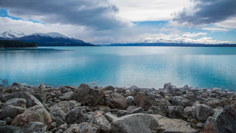 Lake Pukaki, New Zealand, stones, clouds, mountains, 4k