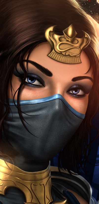 Video Game Mortal Kombat, Brown Hair, Face, Kitana (Mortal Kombat), Blue Eyes, Mask, 1440x2960