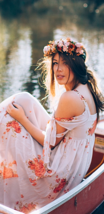 Women Model, White Dress, Boat, Wreath, Brunette, 1440x2960