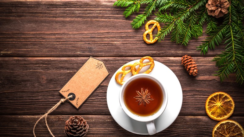 Christmas, New Year, table, fir-tree, tea, 4K