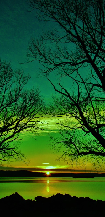 Earth Sunset, Silhouette, Lake, Green, 1440x2960