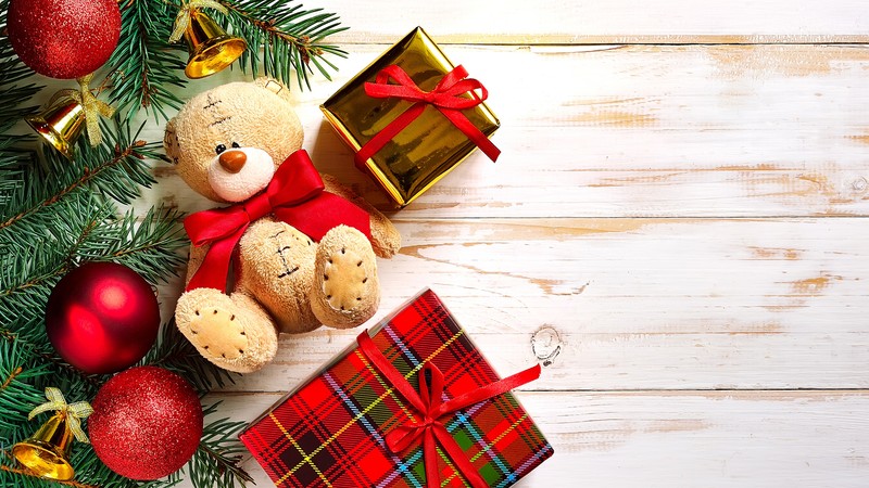 Christmas, New Year, gifts, decoration, toy, bear, 4k
