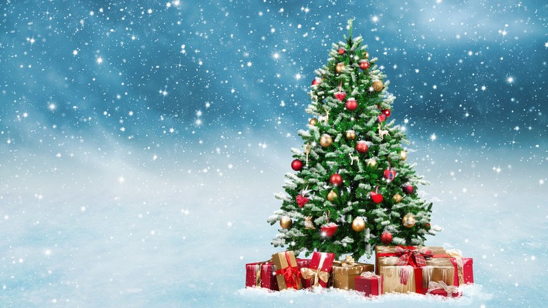 Christmas, New Year, gifts, fir-tree, snow, 4K