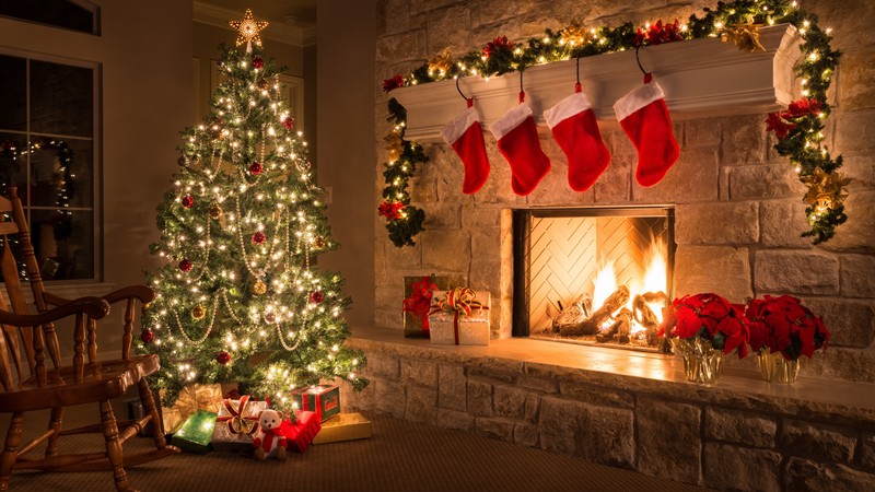 Christmas, New Year, gifts, fir-tree, fireplace, decorations, 4K