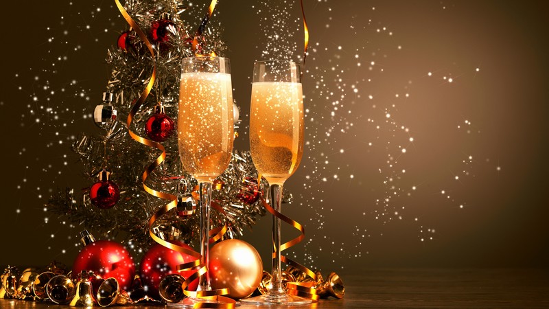 Christmas, New Year, champagne, balls, decorations, 4k