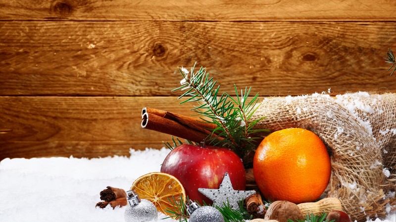 Christmas, New Year, snow, orange, apple, cinnamon, 4k