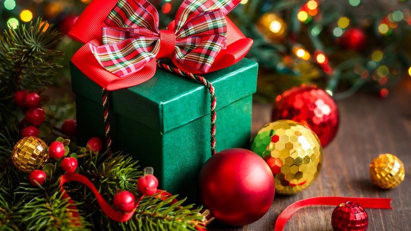 Christmas, New Year, gift, box, balls, fir-tree, decorations