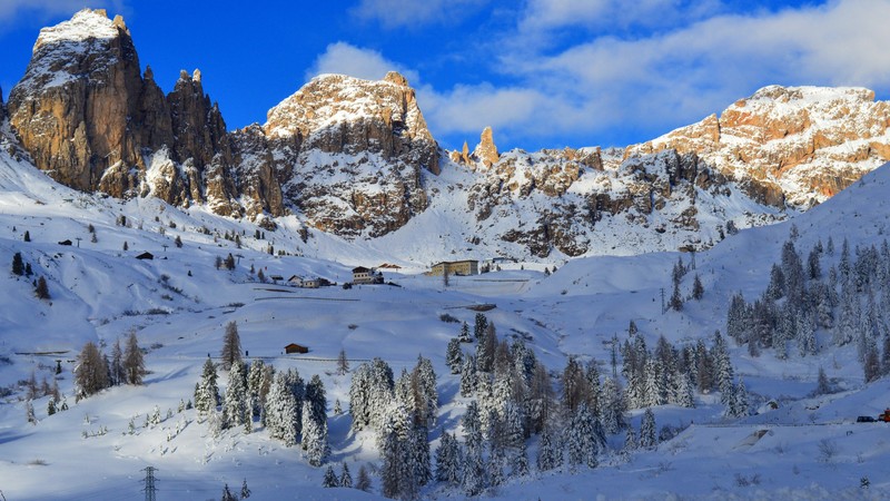 Dolomites, Alps, mountains, snow, winter, trees, 4K