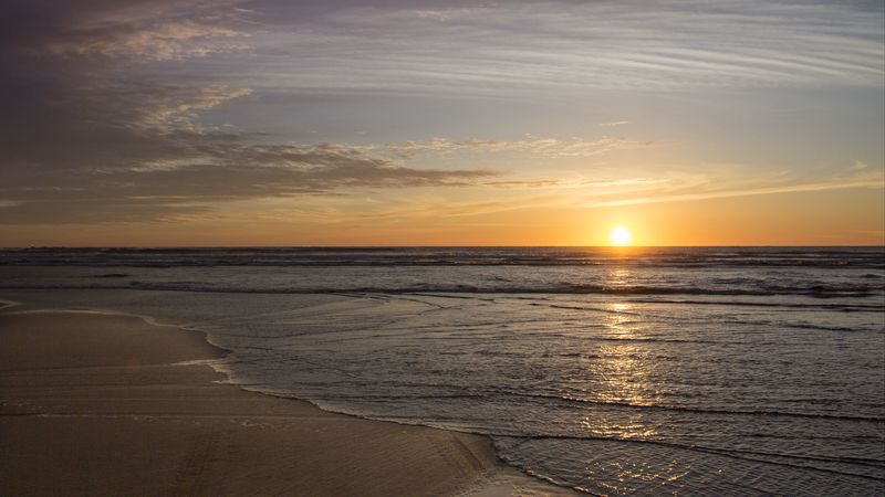 sunset, sun, beach, waves, 4k