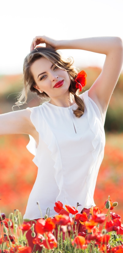 Women Model, Lipstick, Flower, Red Flower, Brunette, Poppy, 1440x2960