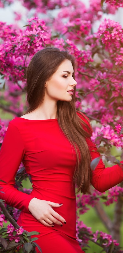 Women Model, Blossom, Pink Flower, Red Dress, Long Hair, Brunette, 1440x2960