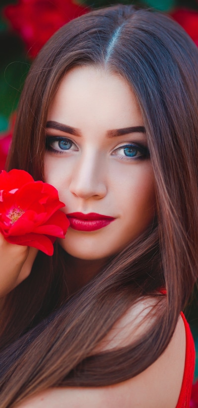 Women Model, Lipstick, Long Hair, Red Flower, Brunette, Blue Eyes, 1440x2960