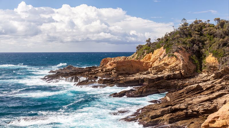 rock, waves, splash, stone, 4k
