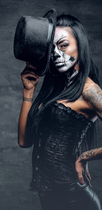 Women Tattoo, Brunette, Sugar Skull, Model, Hat, 1440x2960
