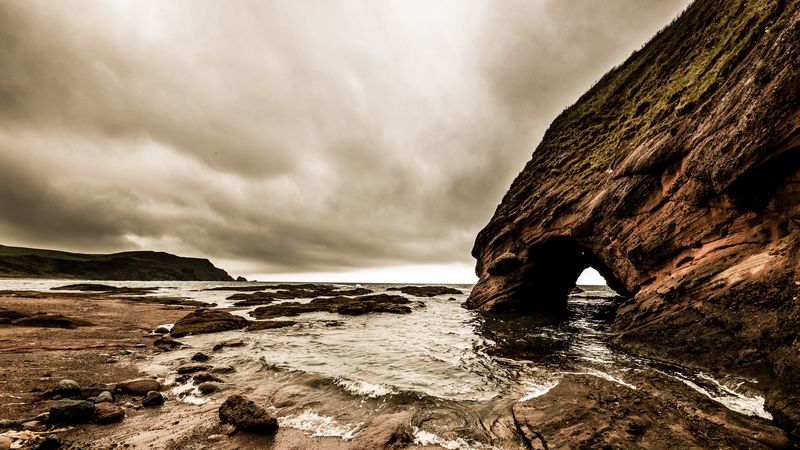 rock, cliff, sea, waves, beach, 4k
