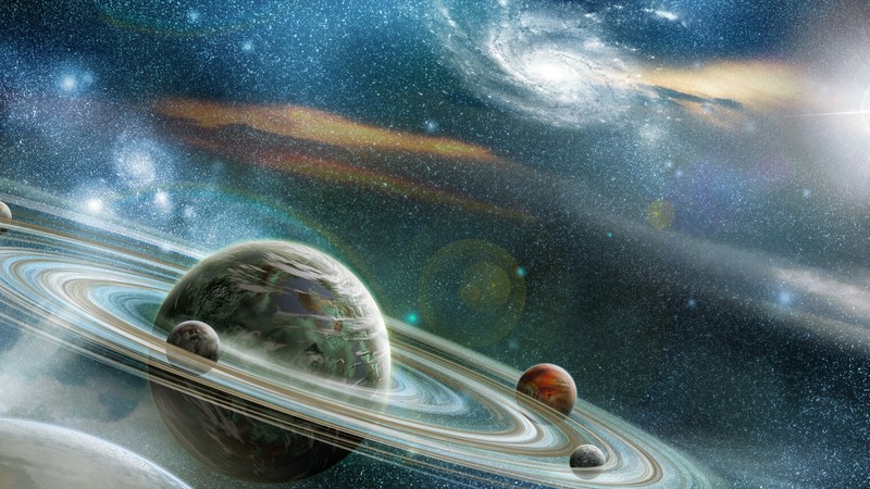 planet, stars, Saturn, galaxy, 4K