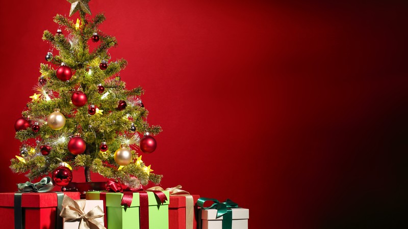 Christmas, New Year, gifts, fir-tree, red, 4K