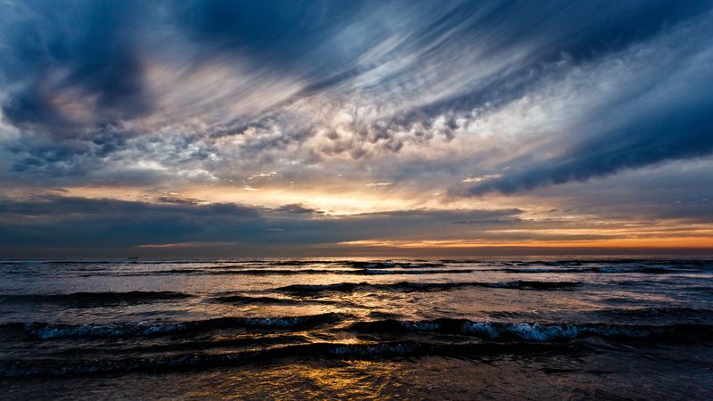 sky, sunset, clouds, horizon, wave, 4k