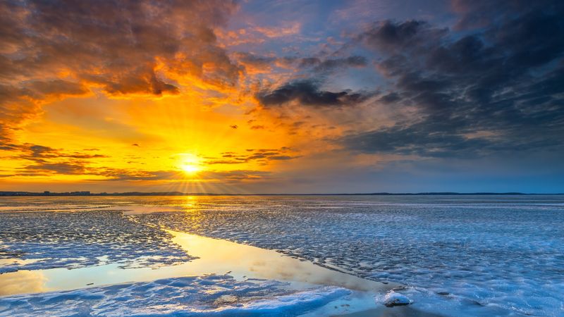 sun, horizon, ice, stone, 4k