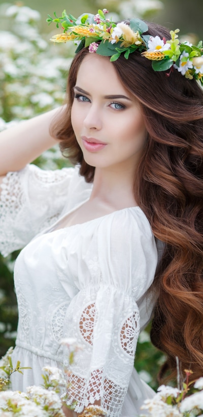 Women Model, Long Hair, Wreath, Blue Eyes, Flower, Brunette, 1440x2960