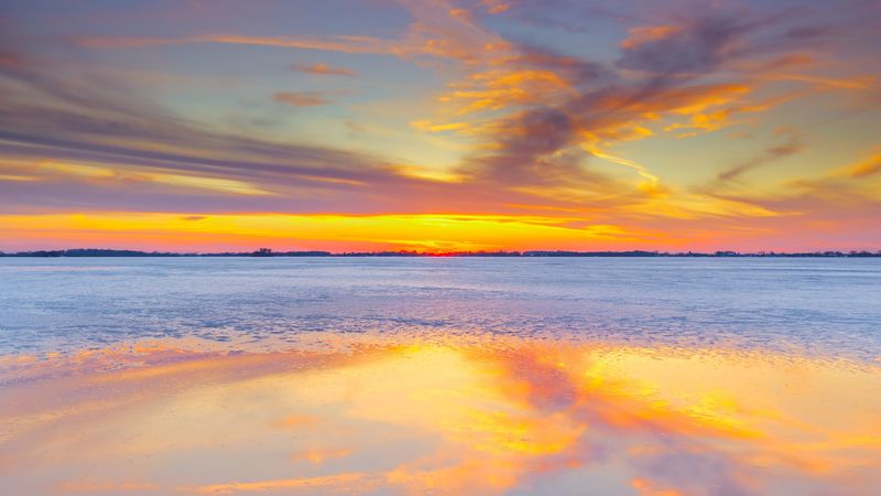sunset, horizon, sky, sea, 4k