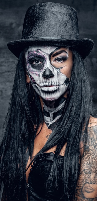 Women Tattoo, Blue Eyes, Sugar Skull, Hat, Makeup, 1440x2960