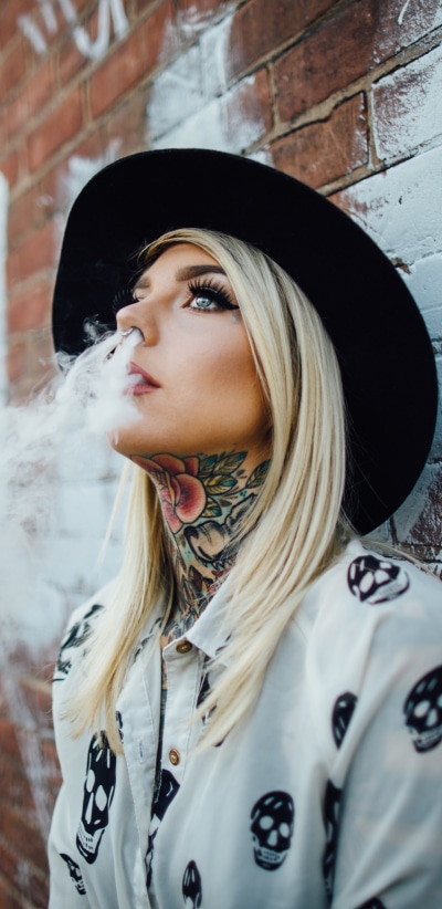 Women Tattoo, Blonde, Smoke, Model, Hat, 1440x2960