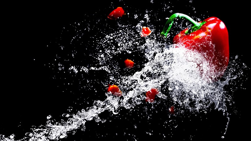 paprika, water, splash, vegetables, 4k