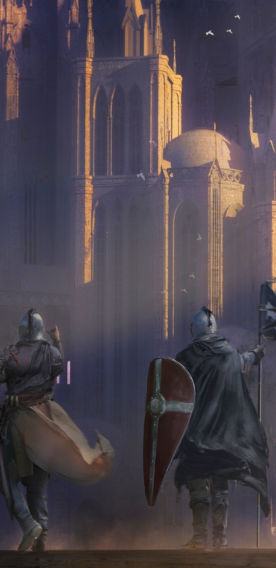 Fantasy Knight, Shield, Banner, Cathedral, Warrior, 1440x2960