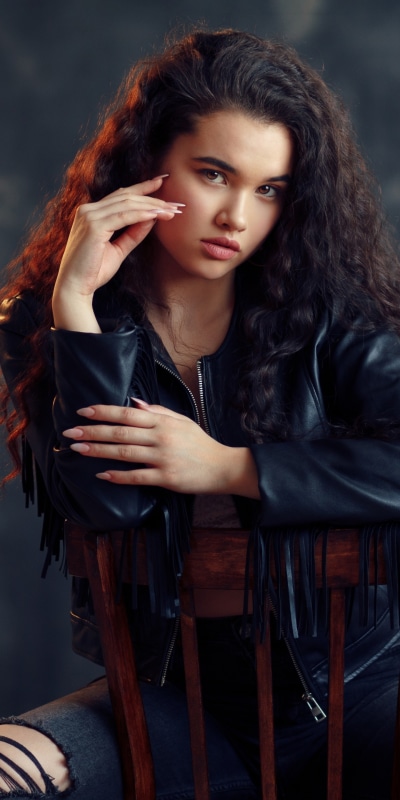 Women Model, Black Hair, Leather Jacket, 1440x2880