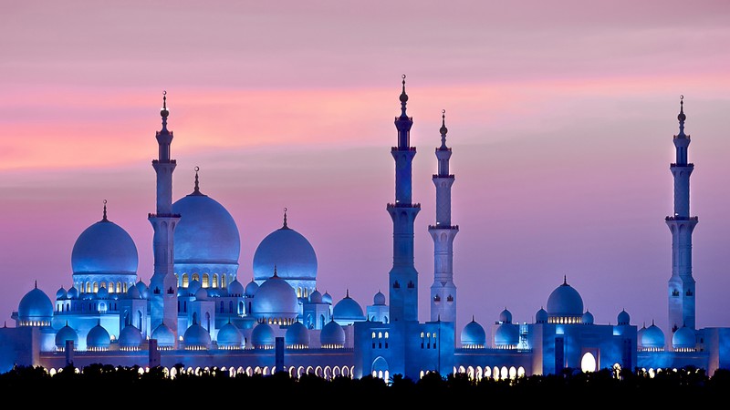 Sheikh Zayed Mosque, Abu Dhabi, sky, sunset, 4k