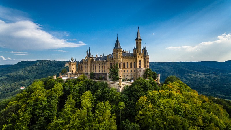 Hohenzollern Castle, Germany, Europe, forest, sky, 4k