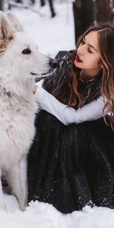 Women Model, Brunette, Dog, Winter, Snow, Lipstick, 1440x2880