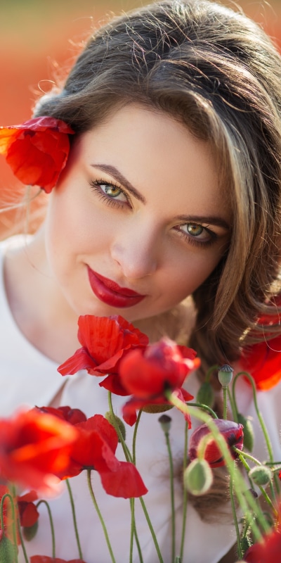 Women Model, Brunette, Poppy, Red Flower, Lipstick, 1440x2880