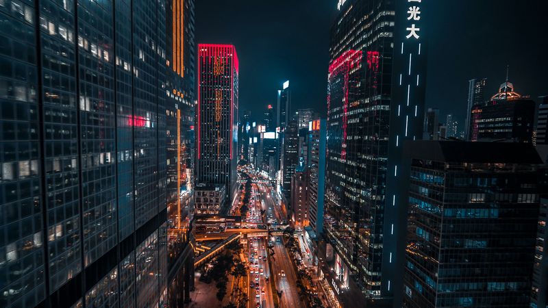 night city, road, buildings, architecture, 4k