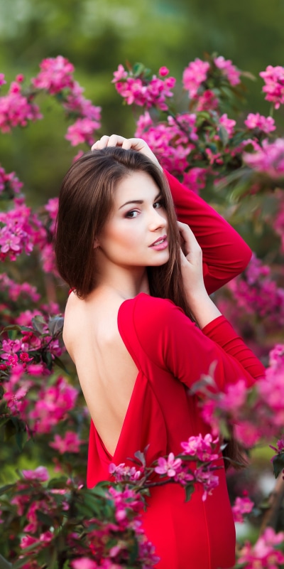 Women Model, Red Dress, Brunette, Pink Flower, 1440x2880