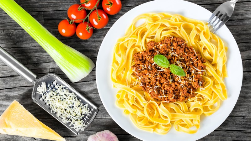 spaghetti, cheese, tomato, 4K