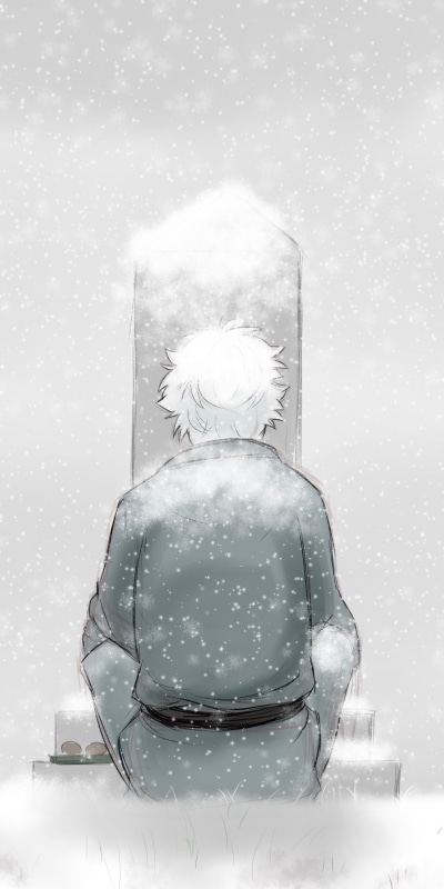 Anime Gintama, Gintoki Sakata, White Hair, Grave, Winter, Snow, 1440x2880